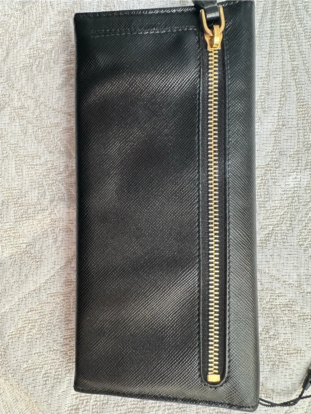 Authentic Prada Black Saffiano Leather Continental Wallet with Gold Logo